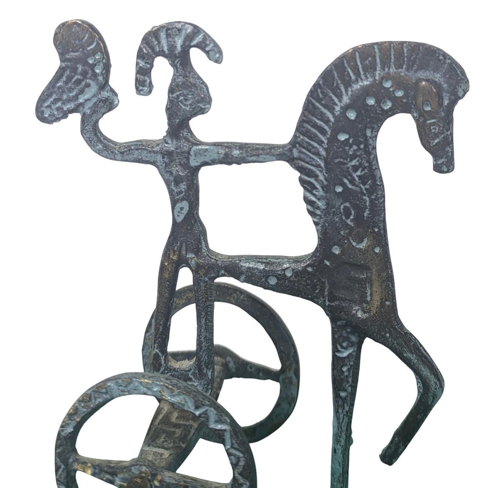 Vintage Verdigris Bronze Chariot Figurine Greek Etruscan Style with Athena's Owl - Picture 2 of 5